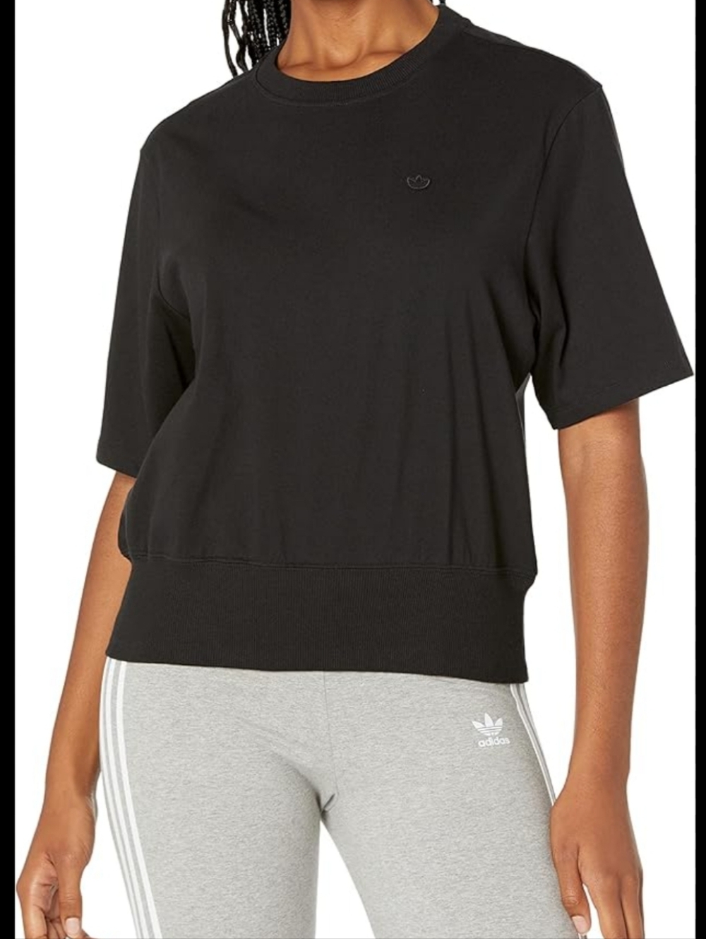 adidas Black Short-Sleeve Ribbed-Hem Sweatshirt